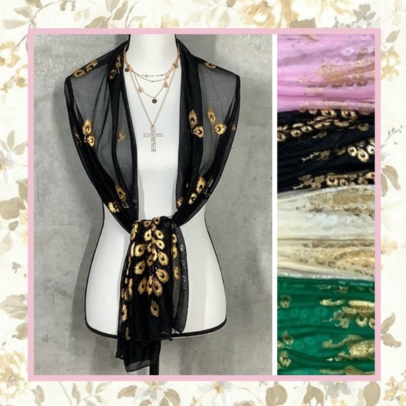 🌺 SCARF PEACOCK WRAP SHAWL BOHO CHIC SARONG GYPSY GOLD SHEER MULTIPURPOSE CHIC - Picture 1 of 16